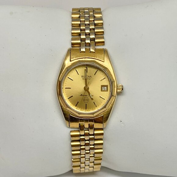 Vtg Bulova 92G25 Ladies Watch Gold Tone Stainless Steel date classic running - Picture 1 of 6